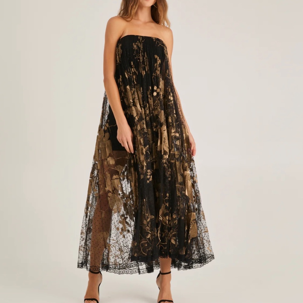 HELSI Delphine Dress in Black and Gold Metallic Floral Strapless Maxi Size M